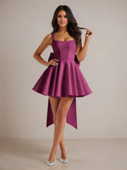 A-Line Square Neck Pleated Homecoming Dresses Mini Cocktail Dress with Bow