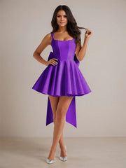 A-Line Square Neck Pleated Homecoming Dresses Mini Cocktail Dress with Bow
