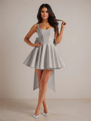 A-Line Square Neck Pleated Homecoming Dresses Mini Cocktail Dress with Bow