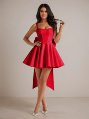 A-Line Square Neck Pleated Homecoming Dresses Mini Cocktail Dress with Bow