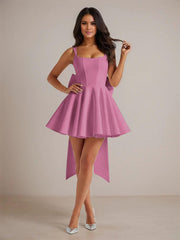 A-Line Square Neck Pleated Homecoming Dresses Mini Cocktail Dress with Bow