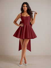 A-Line Square Neck Pleated Homecoming Dresses Mini Cocktail Dress with Bow