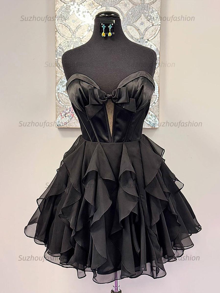 A Line Strapless Cut Front Homecoming Dress with Bow