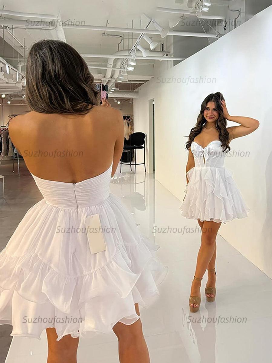 A Line Strapless Cut Front Homecoming Dress with Bow