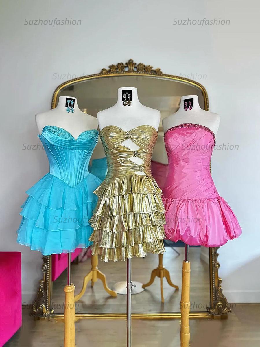 A Line Strapless Cut Out Tiered Metallic Short Homecoming Dress