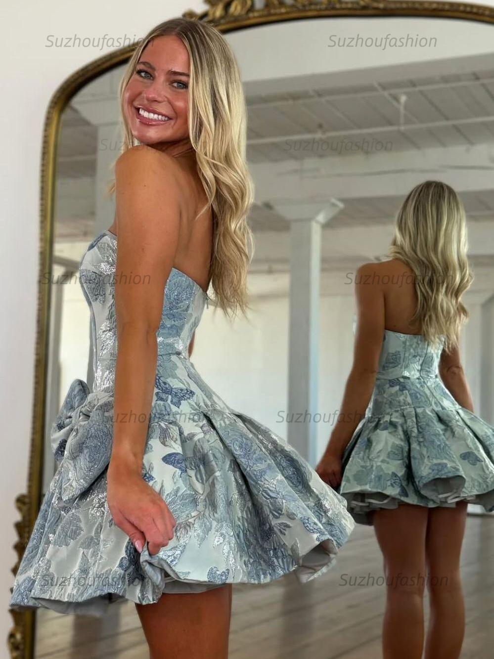 A Line Strapless Printed Short Homecoming Dress with Bowknot