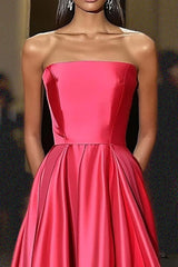 A Line Strapless Satin Watermelon Long Formal Dress