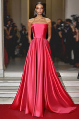 A Line Strapless Satin Watermelon Long Formal Dress