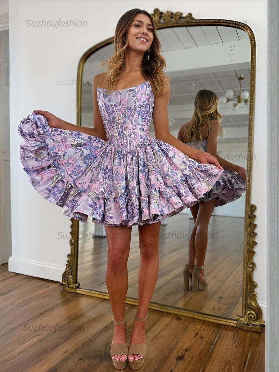 A-Line Strapless Short Print Homecoming Mini Dress