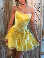 A-Line Strapless Short Satin Homecoming Dress With Bowknot