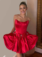 A-Line Strapless Short Satin Homecoming Dress With Bowknot