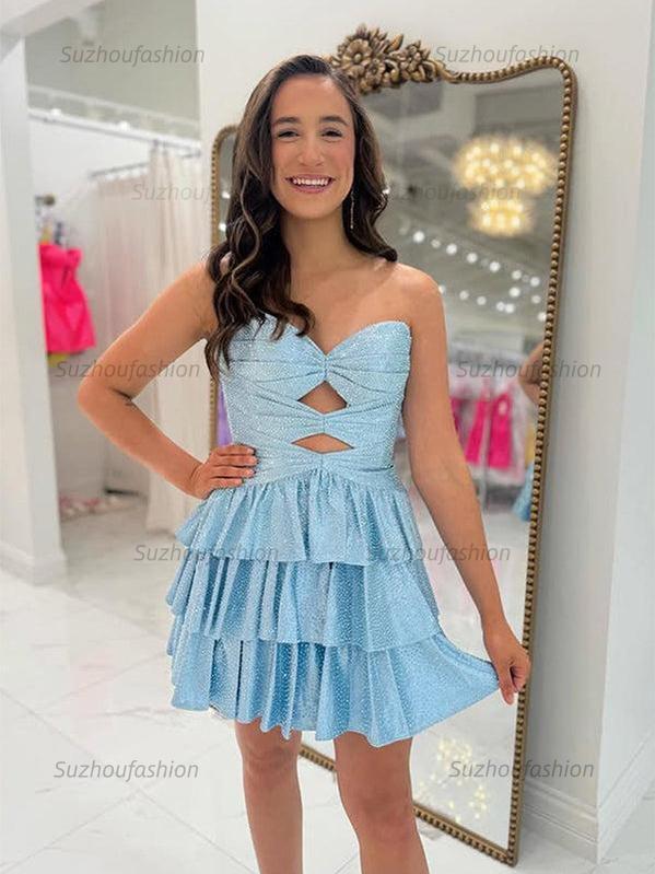 A Line Strapless Sweetheart Satin Homecoming Dress with Keyhole