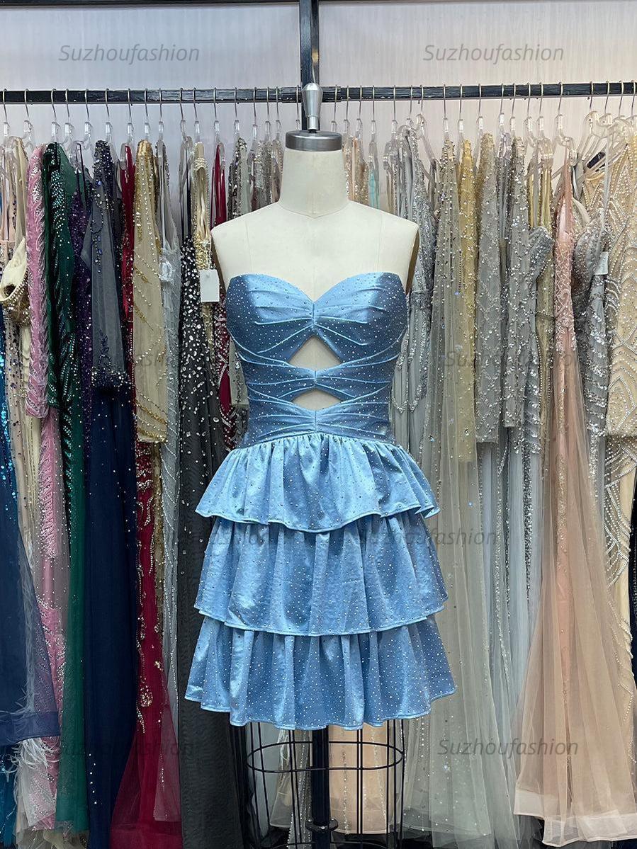 A Line Strapless Sweetheart Satin Homecoming Dress with Keyhole