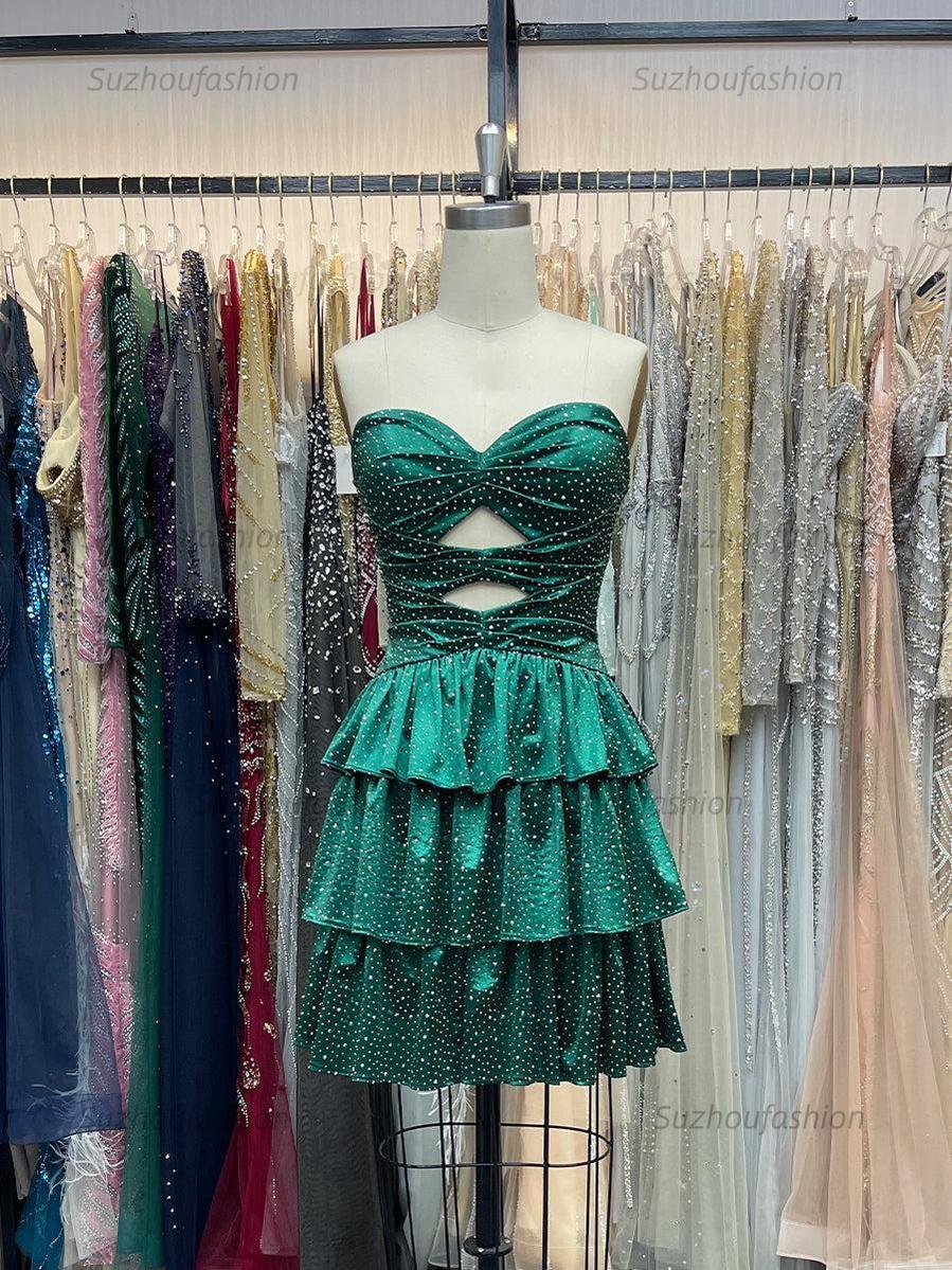 A Line Strapless Sweetheart Satin Homecoming Dress with Keyhole