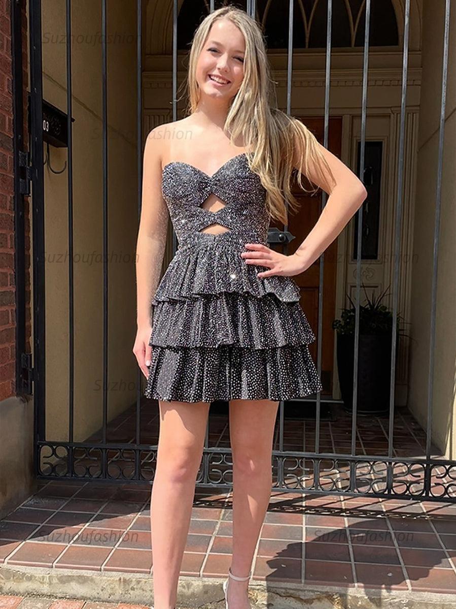 A Line Strapless Sweetheart Satin Homecoming Dress with Keyhole