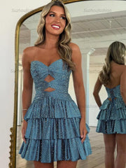 A Line Strapless Sweetheart Satin Homecoming Dress with Keyhole