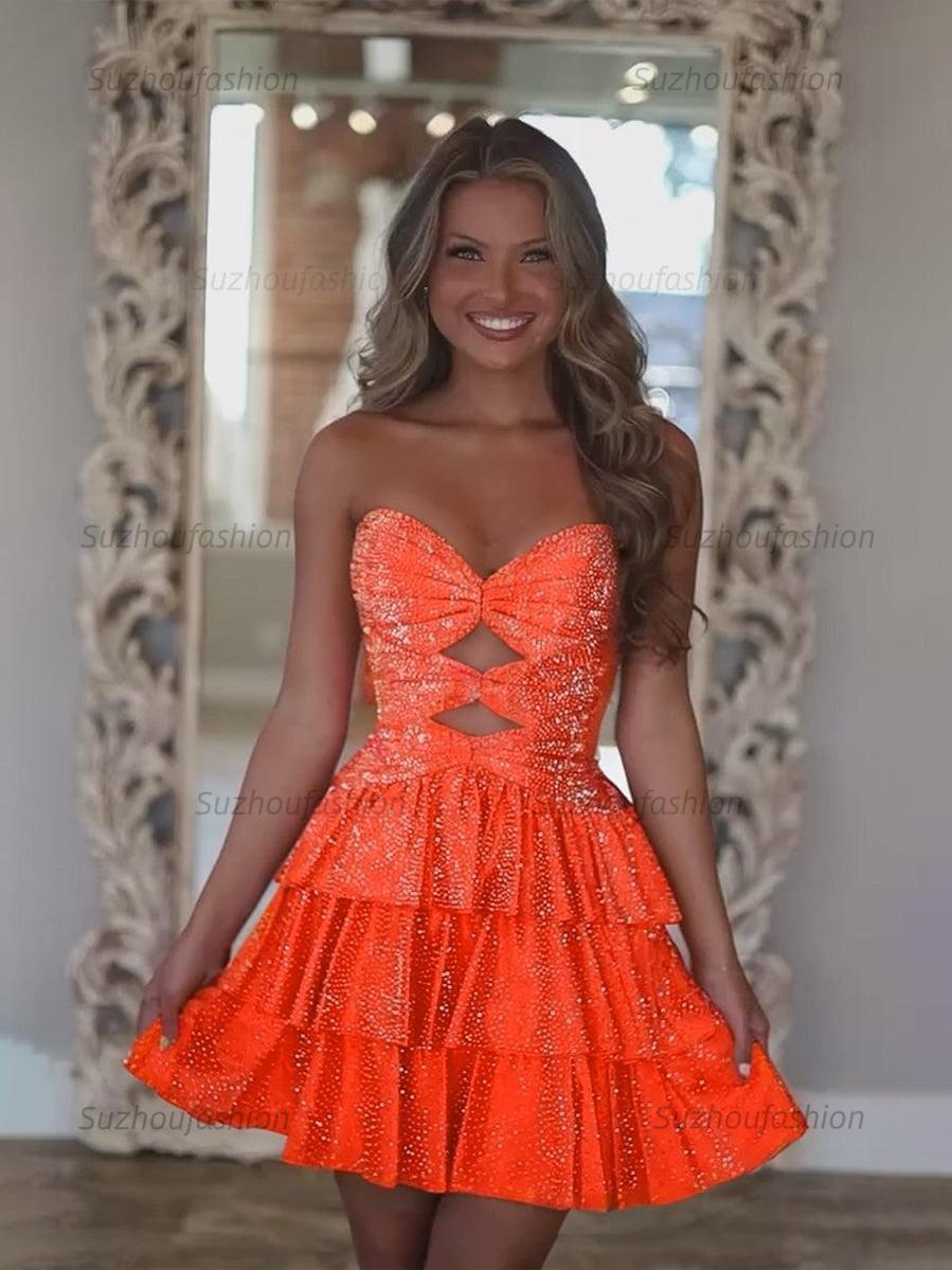 A Line Strapless Sweetheart Satin Homecoming Dress with Keyhole