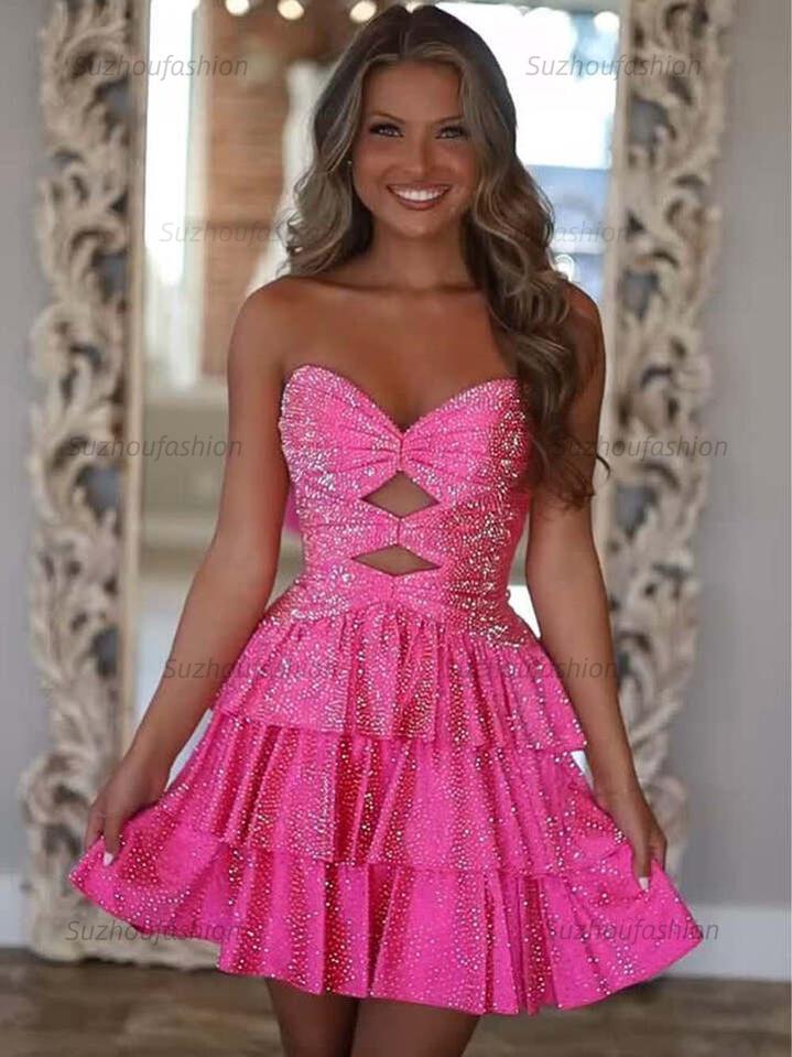 A Line Strapless Sweetheart Satin Homecoming Dress with Keyhole