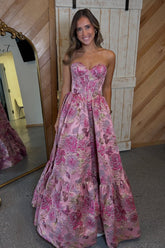 A Line Sweetheart Pink Corset Prom Dress With Printed Formal Evening Gown