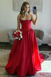 A Line Sweetheart Red Corset Prom Dress With Beading Formal Evening Gown