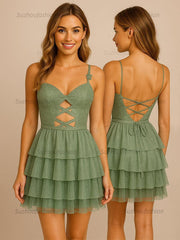 A Line Sweetheart Tiered Satin Homecoming Dress with Keyhole