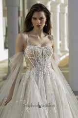 A Line Tulle Lace Spaghetti Straps Long Sleeve White Wedding Dress Bridal Gown With Appliques