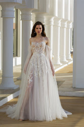 A Line Tulle Lace Spaghetti Straps Long Sleeve White Wedding Dress Bridal Gown With Appliques