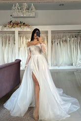 A Line Tulle Lace Strapless Long Sleeve White Wedding Dress Bridal Gown With Split Front