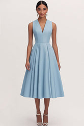 A Line V Neck Blue Wedding Guest Dress Tea Length Formal Dress