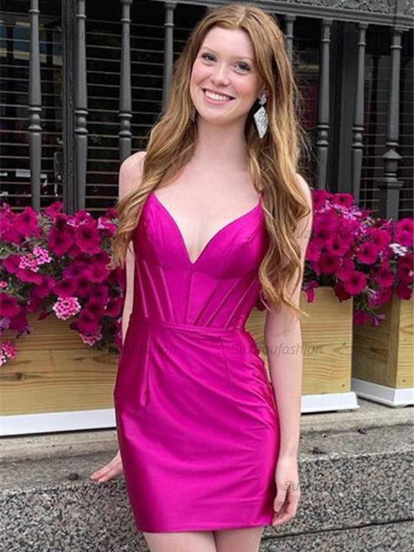 A Line V Neck Satin Short Homecoming Dress