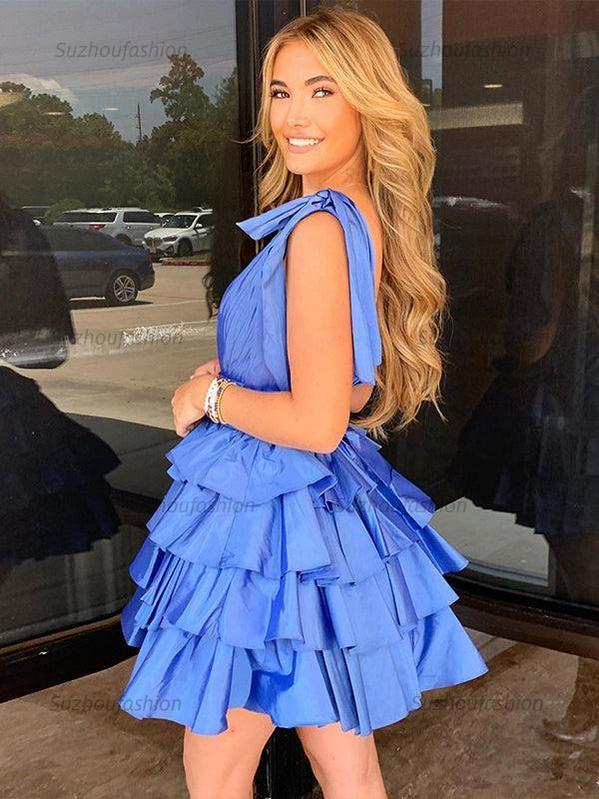 A-Line V-Neck Short Tiered Satin Homecoming Dress