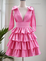 A-Line V-Neck Short Tiered Satin Homecoming Dress