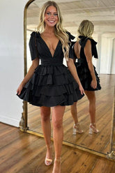 Suzhoufashion A-Line V-Neck Short Tiered Satin Homecoming Dress