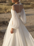 A-Line Wedding Dress Jewel Lace Chiffon Over Satin Long Sleeves Bridal Gowns Country See-Through with Sweep Train