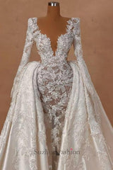A Line Wedding Dress Lace Satin Long Sleeves Bridal Gown With Detachable Panel Train