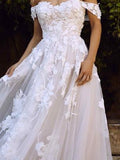 A-Line Wedding Dress Off Shoulder Lace Short Sleeve Bridal Gowns Country Plus Size with Sweep Train