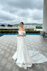 A Line Wedding Dress Off The Shoulder Sleeveless Appliques White Bridal Gown with Panel Train