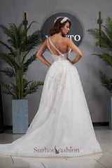 A Line Wedding Dress One Shoulder Sleeveless Appliques Tulle Bridal Gown with Panel Train