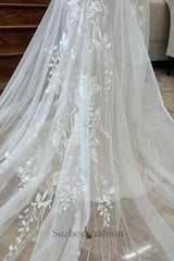 A Line Wedding Dress V Neck Sleeveless Appliques Lace Train Bridal Gown