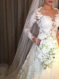A-Line Wedding Dress V-neck Lace Tulle Long Sleeves Bridal Gowns with Court Train