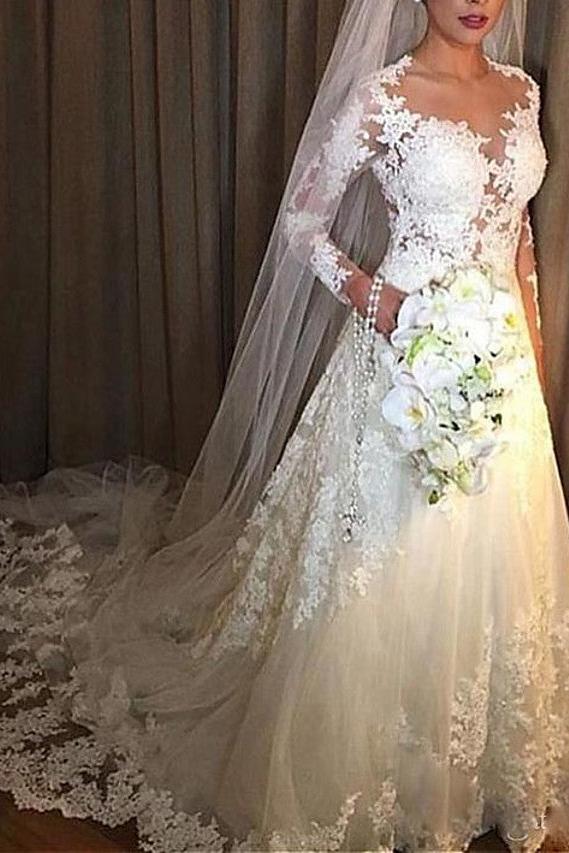 A-Line Wedding Dress V-neck Lace Tulle Long Sleeves Bridal Gowns with Court Train
