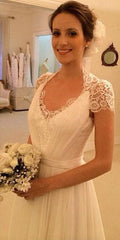 A-Line White Short Sleeve Long Beach Wedding Dress Latest Chiffon Long Plus Size Bridal Gown