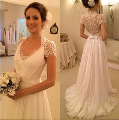 A-Line White Short Sleeve Long Beach Wedding Dress Latest Chiffon Long Plus Size Bridal Gown