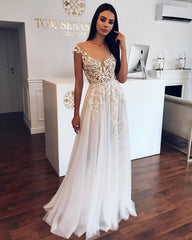 A-line Appliqued Tulle Beach Wedding Dress Sleeveless Pleated Bridal Gowns