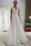 A-line Cap Sleeve Wedding Dress V-neck Lace Appliques Bridal Gowns with Buttons