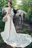A-line Fulle Lace Outdoor Wedding Dresses Open Back Portrait Bridal Gowns with Lavender Sash BA5059