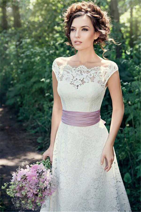A-line Fulle Lace Outdoor Wedding Dresses Open Back Portrait Bridal Gowns with Lavender Sash BA5059 | Suzhoufashion A-line Fulle Lace Outdoor Wedding Dresses Open Back Portrait Bridal Gowns with Lavender Sash BA5059 | Suzhoufashion