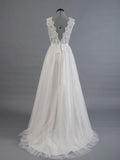 A-line Lace Wedding Dresses Tulle Skirt Sleeveless V-back Summer Bridal Gown