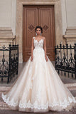 A-line Light Champagne Wedding Dresses Lace Sheer Tulle Stunning Bridal Gowns BA3192