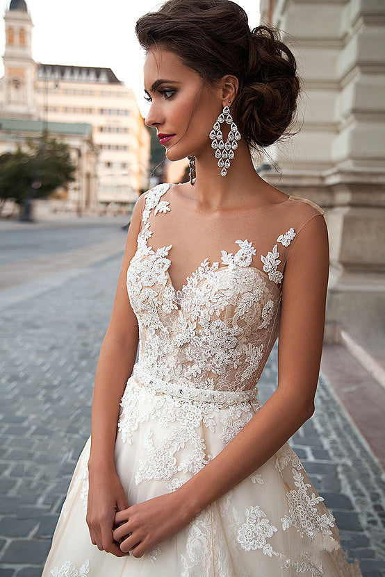 A-line Light Champagne Wedding Dresses Lace Sheer Tulle Stunning Bridal Gowns BA3192 | Suzhoufashion A-line Light Champagne Wedding Dresses Lace Sheer Tulle Stunning Bridal Gowns BA3192 | Suzhoufashion